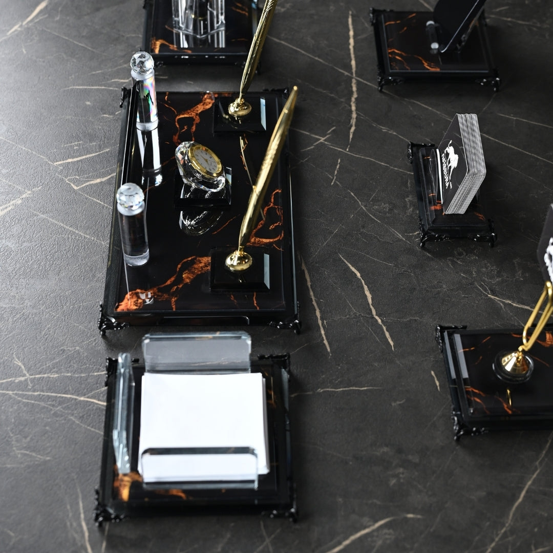 Negro | Premium Crystal Desktop Nameplate Set - 15 Pieces - Luxury Office Desk Set