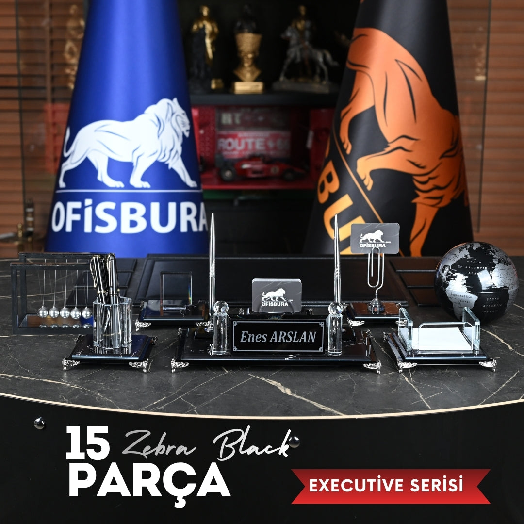 Zebra Black | Premium Crystal Desktop Nameplate Set - 15 Pieces - Luxury Office Desk Set