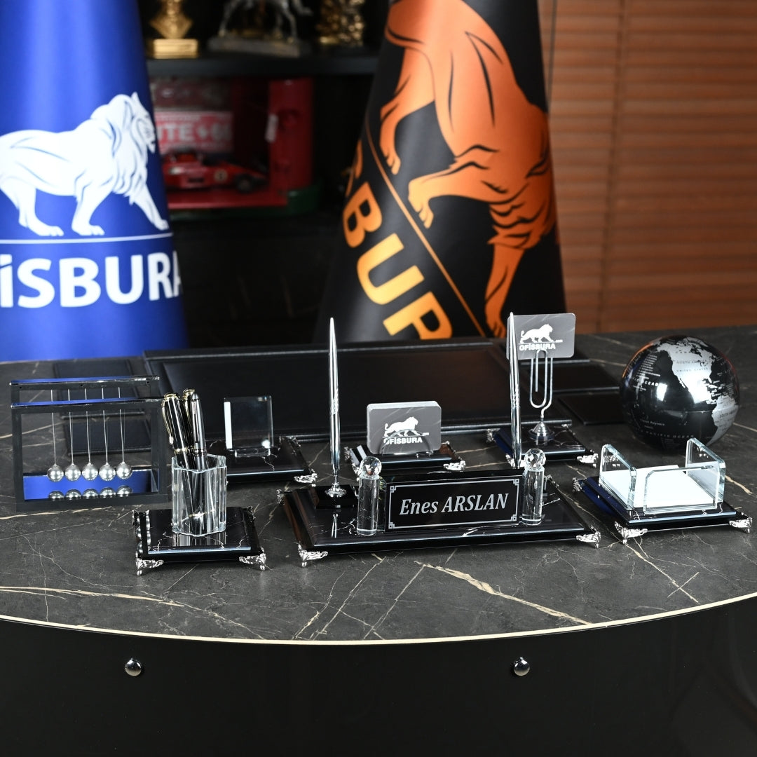 Zebra Black | Premium Crystal Desktop Nameplate Set - 15 Pieces - Luxury Office Desk Set