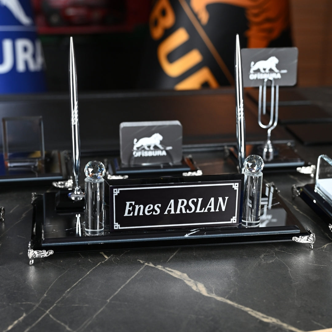 Zebra Black | Premium Crystal Desktop Nameplate Set - 15 Pieces - Luxury Office Desk Set