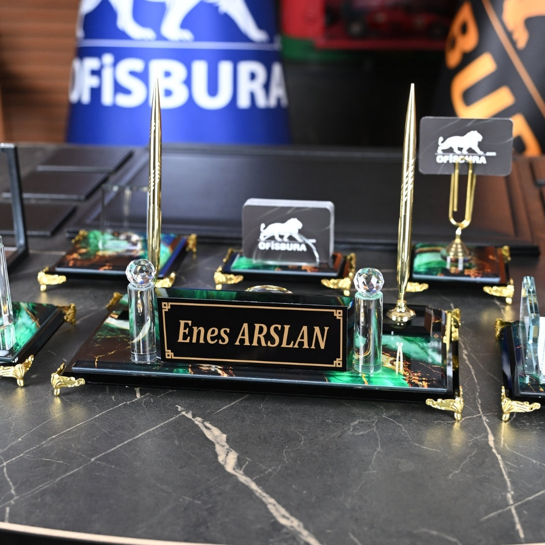 Emerald | Premium Crystal Desktop Nameplate Set - 15 Pieces - Luxury Office Desk Set