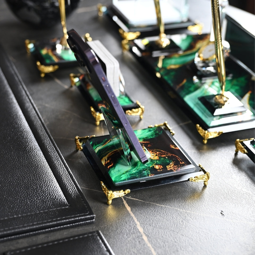 Emerald | Premium Crystal Desktop Nameplate Set - 15 Pieces - Luxury Office Desk Set