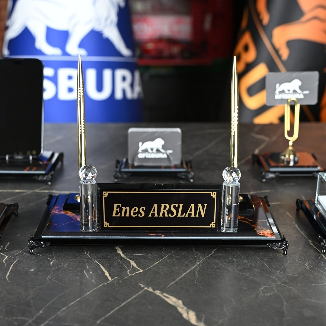 Negro | Premium Crystal Desktop Nameplate Set - 15 Pieces - Luxury Office Desk Set