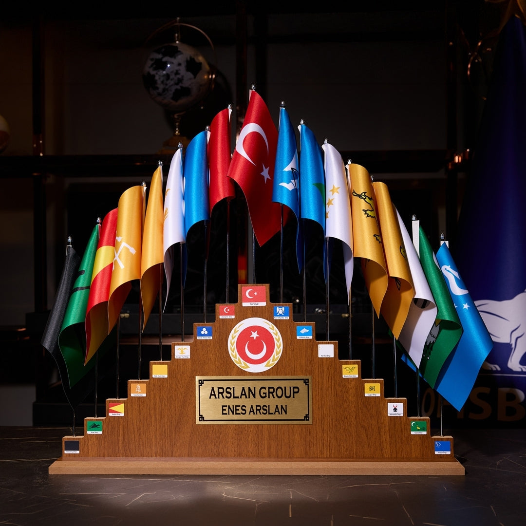 17-Piece Turkic States Flag Set with Wooden Base - Personalized (70 × 50 cm)