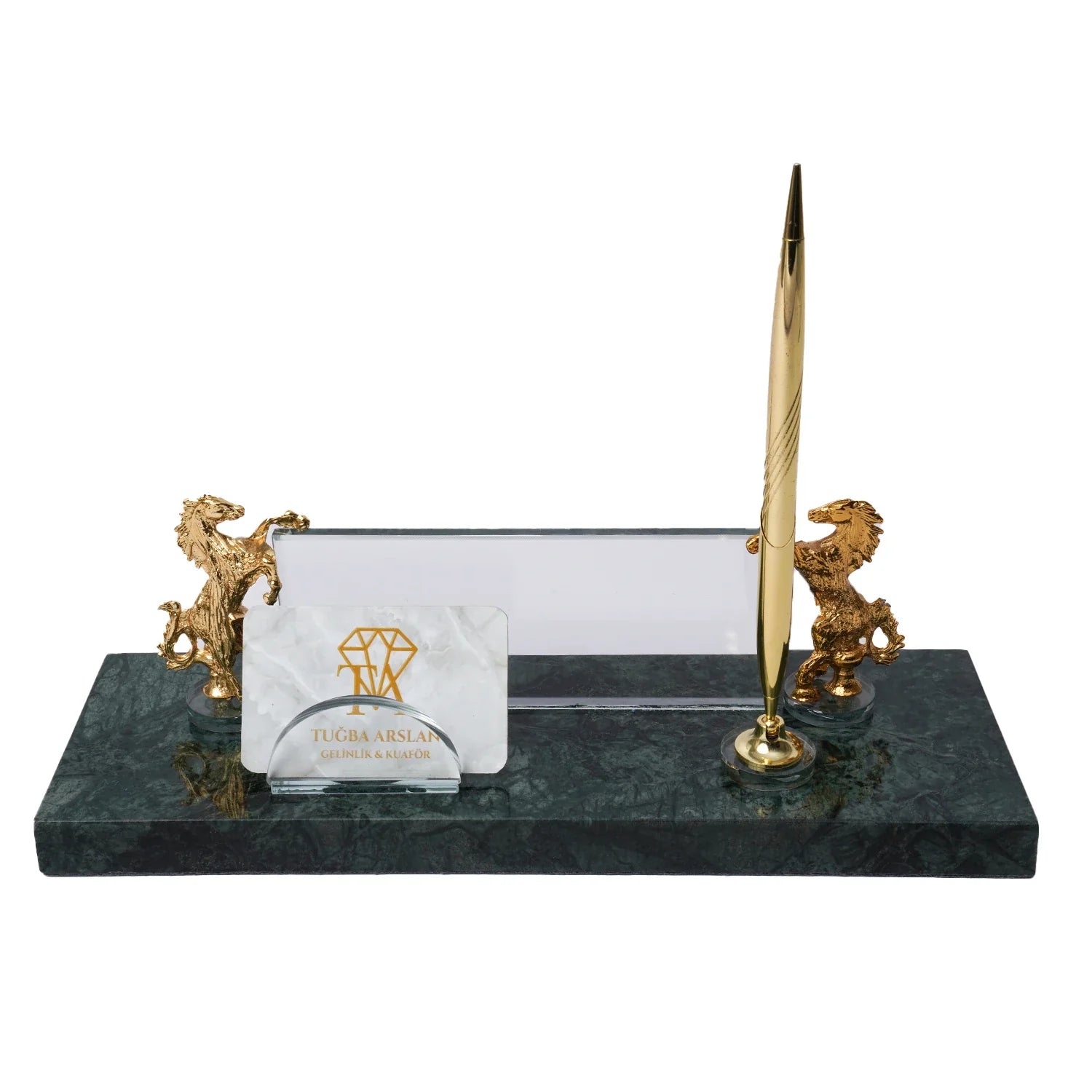 Rearing Horse Emerald Marble Desk Nameplate - Personalized Luxury Office Set