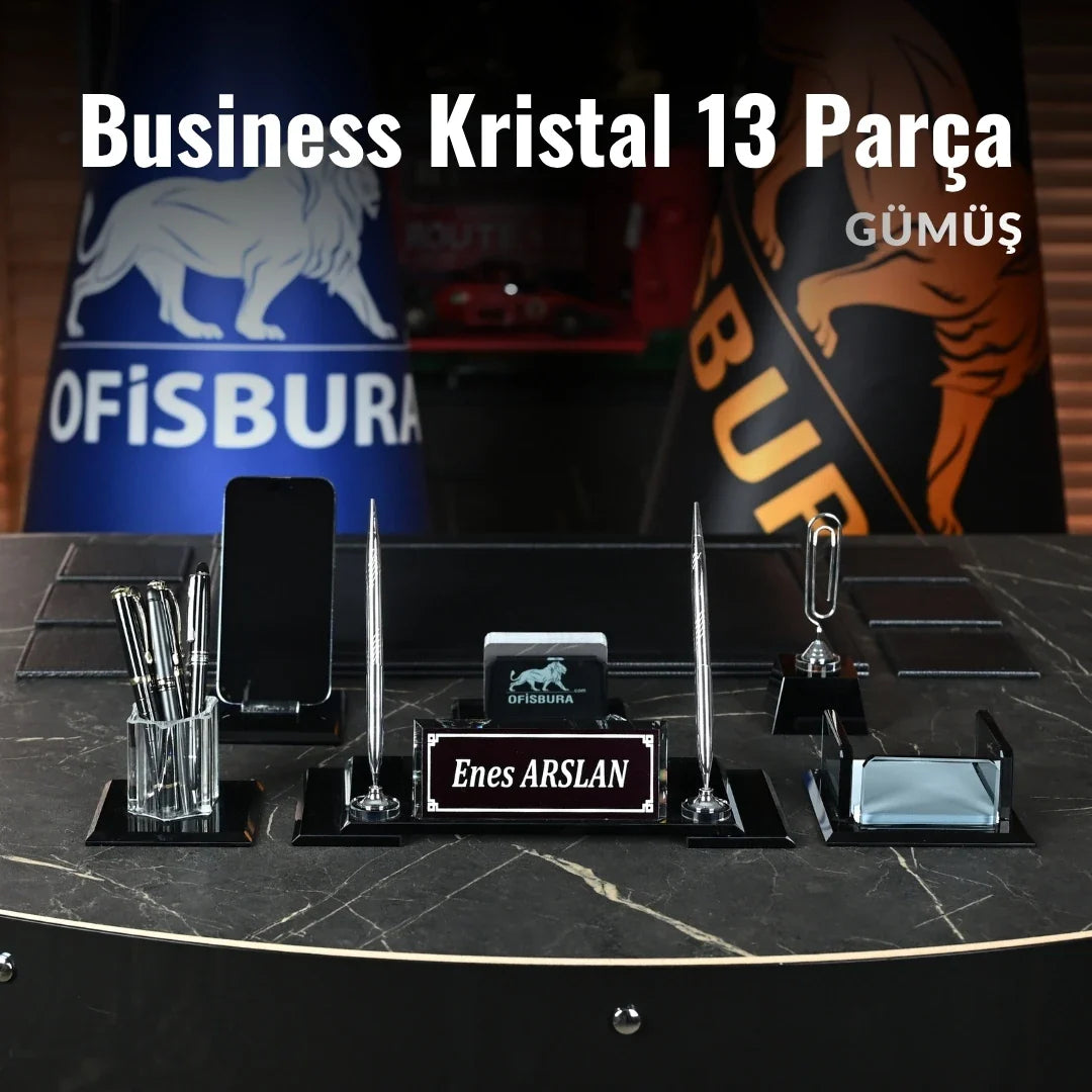 VIP | 13-Piece Crystal Desk Set & Nameplate Set - Silver Accents
