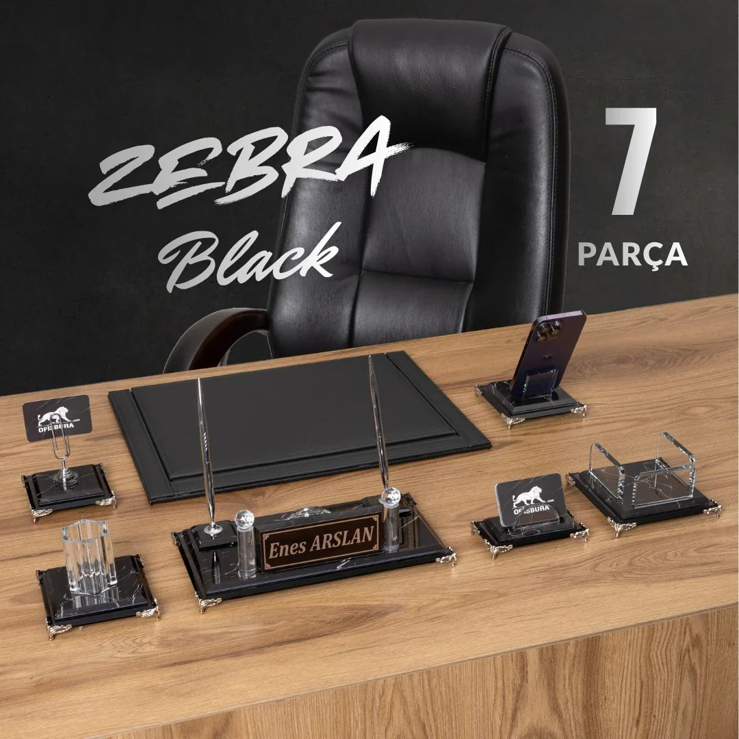 Zebra Black | 7-Piece Crystal Desk Set & Nameplate Set