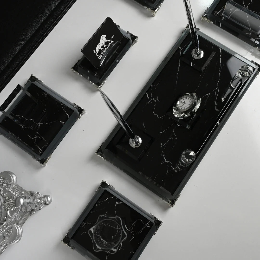 Zebra Black | 20-Piece Crystal Desk Set & Nameplate Set