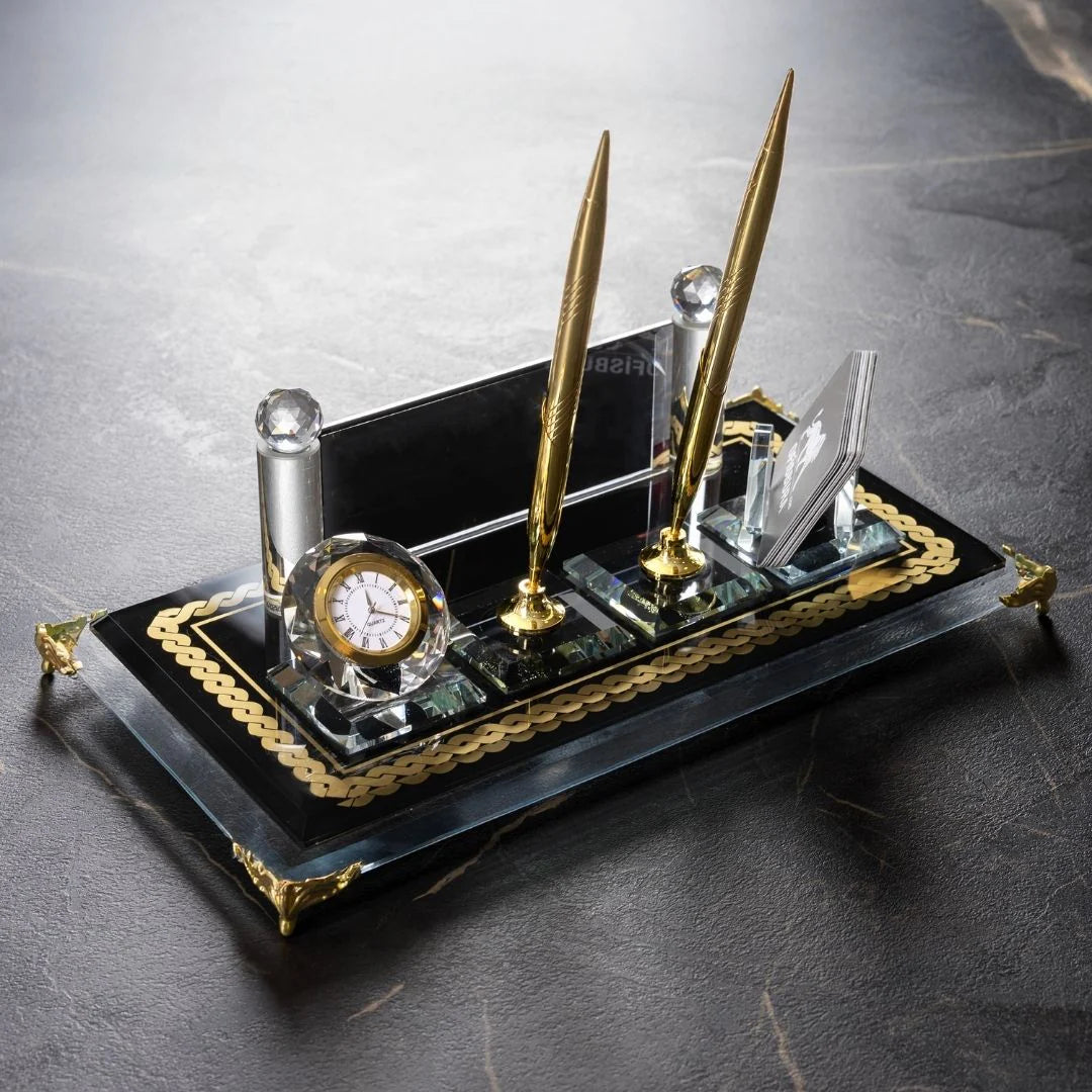 Knit-Pattern Gold Crystal Desk Nameplate - Dual Pen Holder & Clock Office Set
