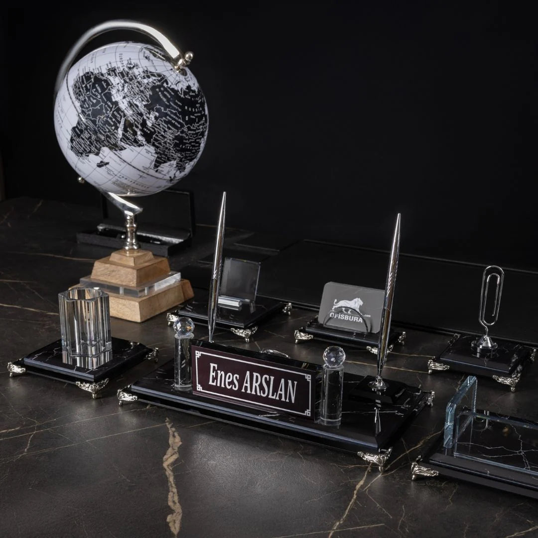 Zebra Black | 19-Piece Premium Crystal Desk Set & Nameplate Set