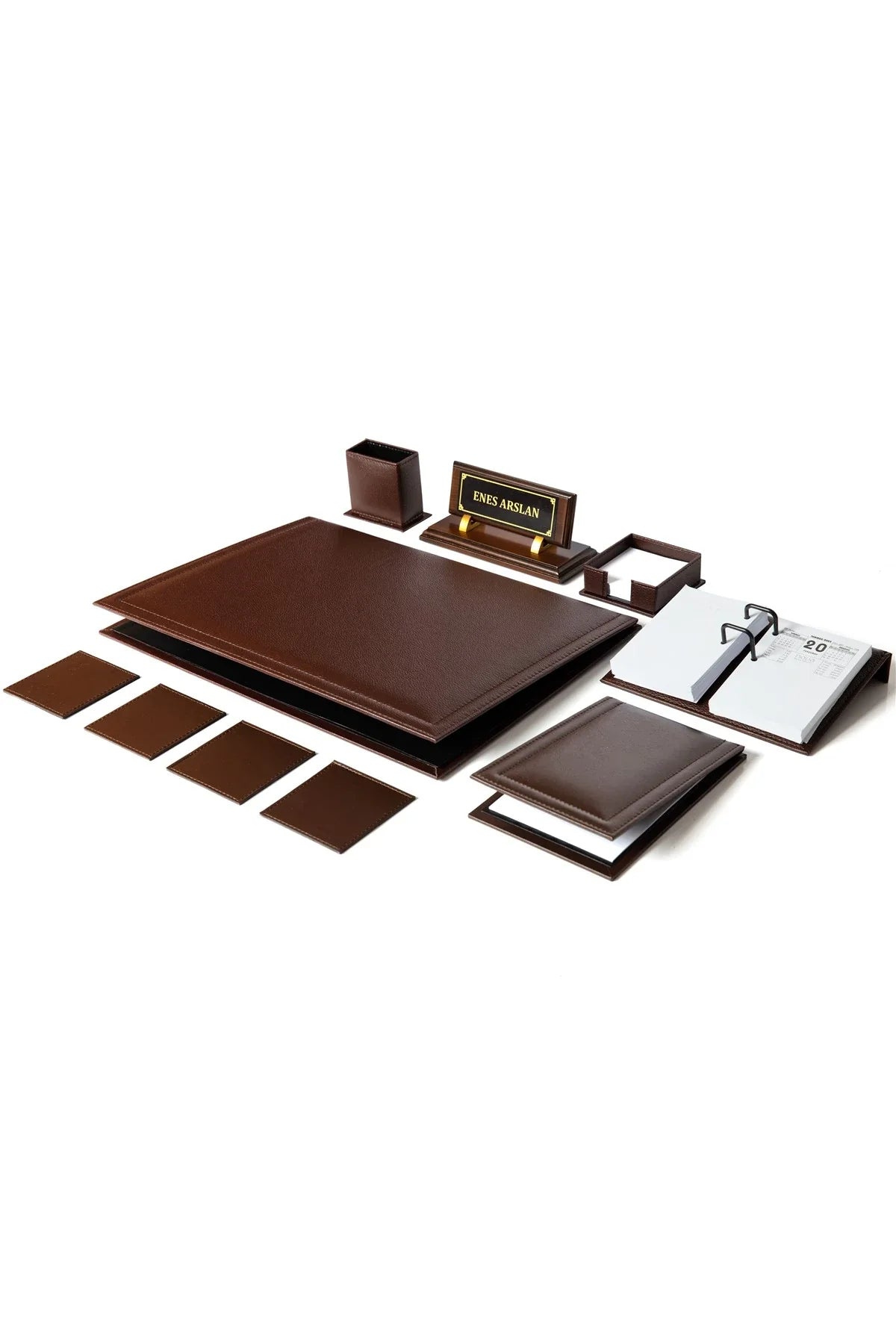 Leather Desk Set with Wooden Nameplate, 10 Pieces