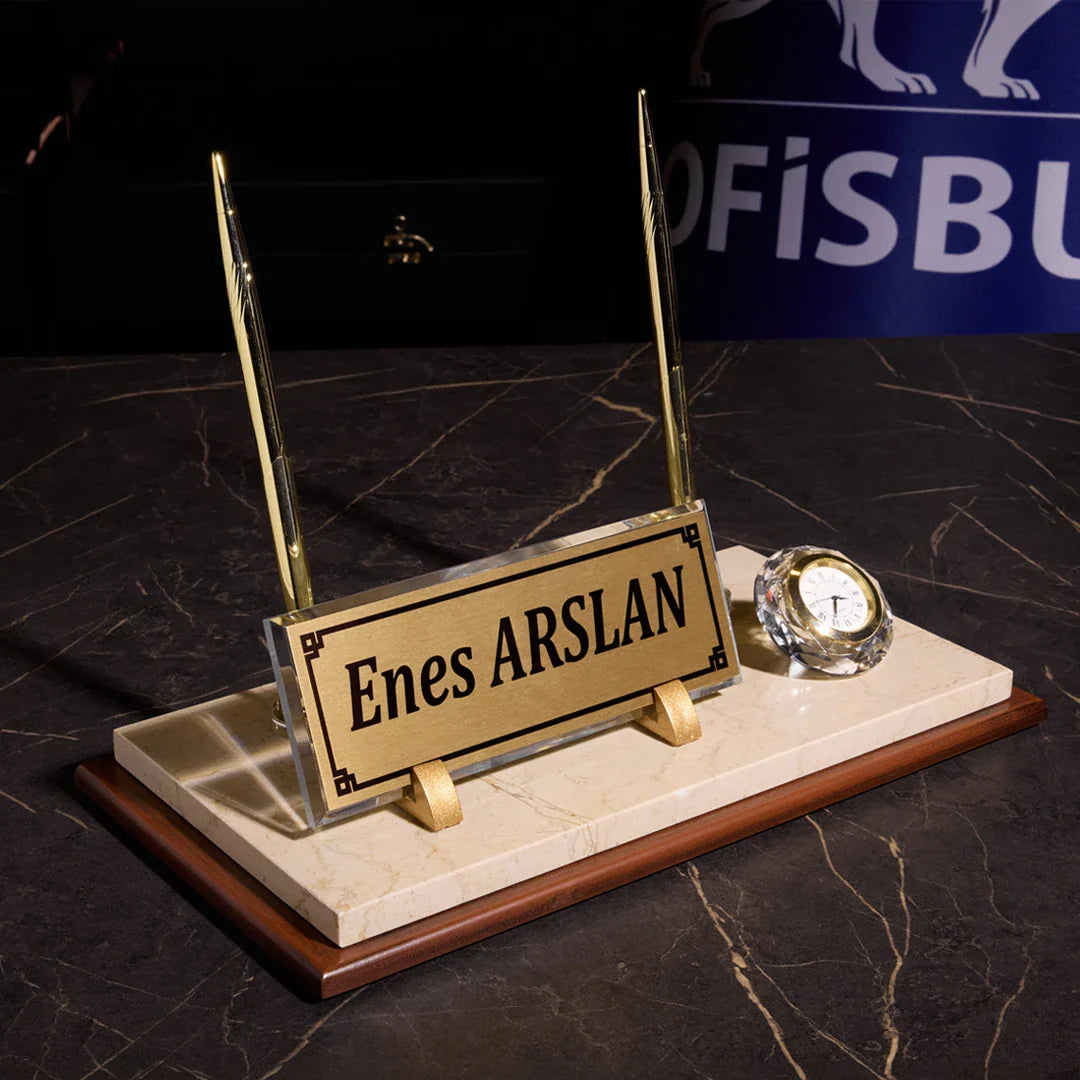 Signature Wood & Marble Desktop Nameplate Set with Clock & Dual Pen Holder - Personalized Cream Desk Nameplate