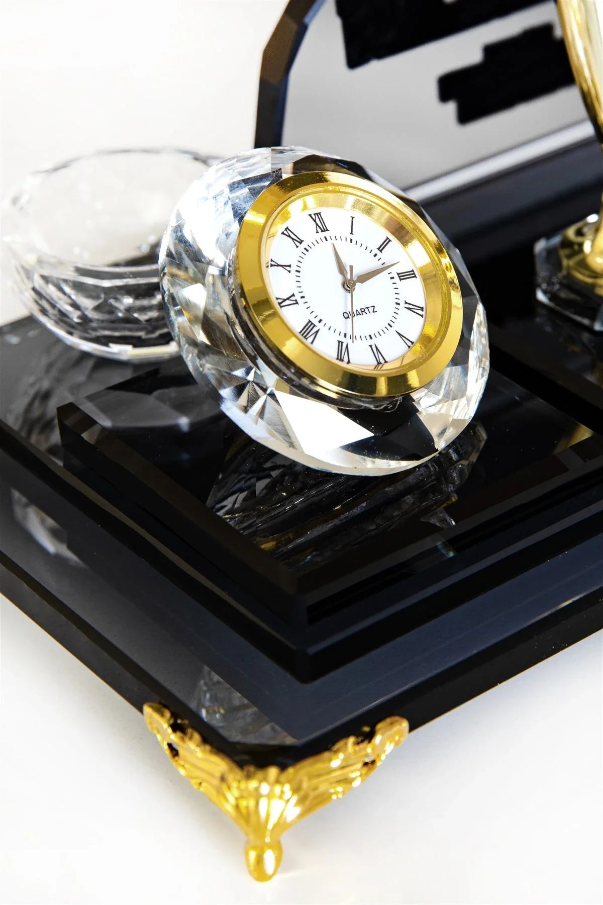 Global Crystal Desk Nameplate Desktop Set - Gold Base
