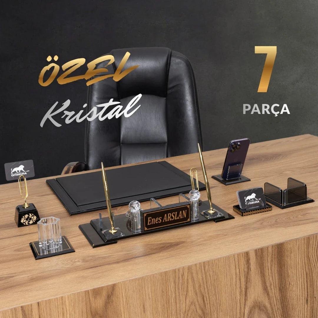 Special Crystal | 7-Piece Crystal Desk Set & Nameplate Set - Gold Accents