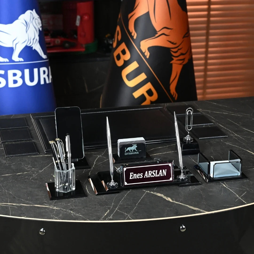 VIP | 13-Piece Crystal Desk Set & Nameplate Set - Silver Accents