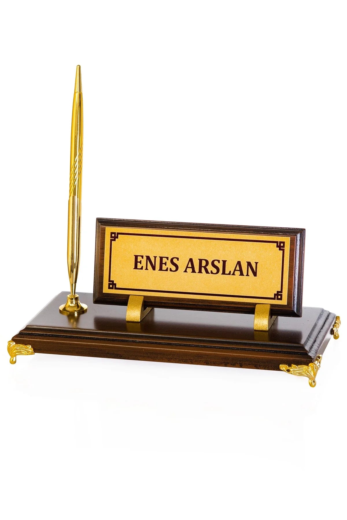 Gold-Base Wooden Desk Nameplate with Single Pen Holder