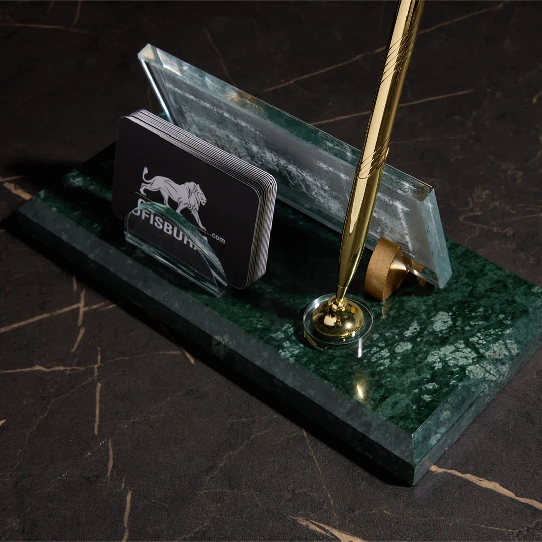 Emerald Green Marble Desk Nameplate - Office Set with Gold Pen Holder & Business Card Holder