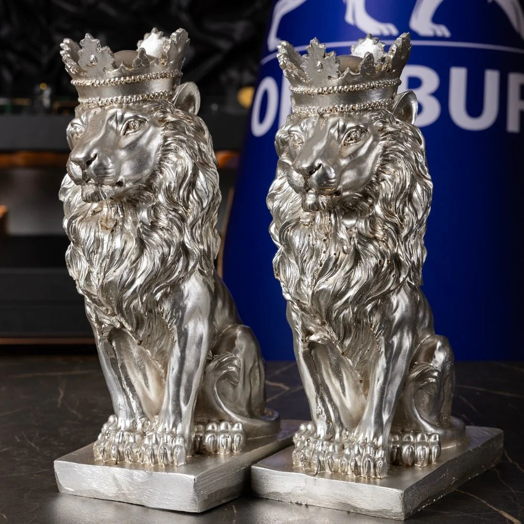 2-Piece Silver King Lion Figurine Set | 35 cm Polyester