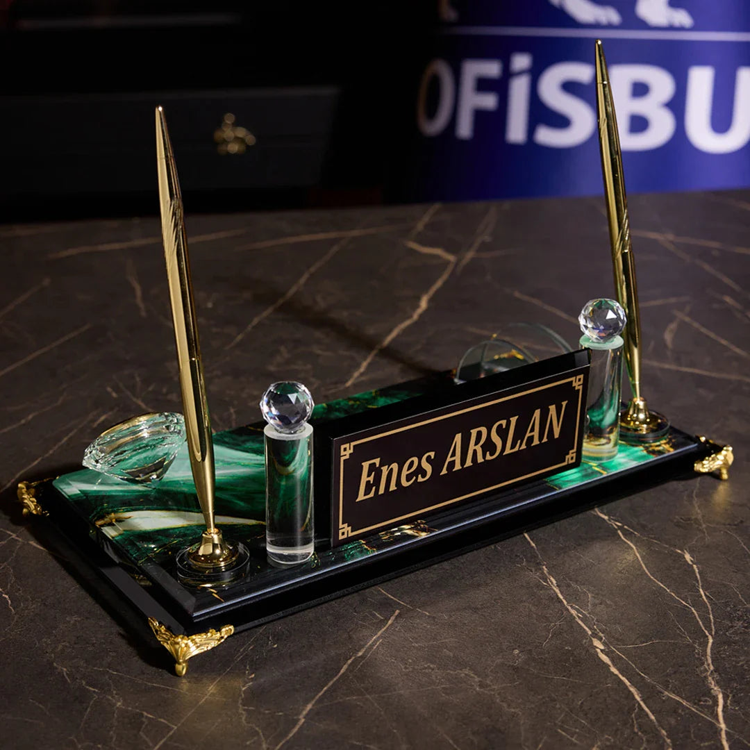 Emerald Green Crystal Desk Nameplate - Dual Pen Holder & Clock Office Set
