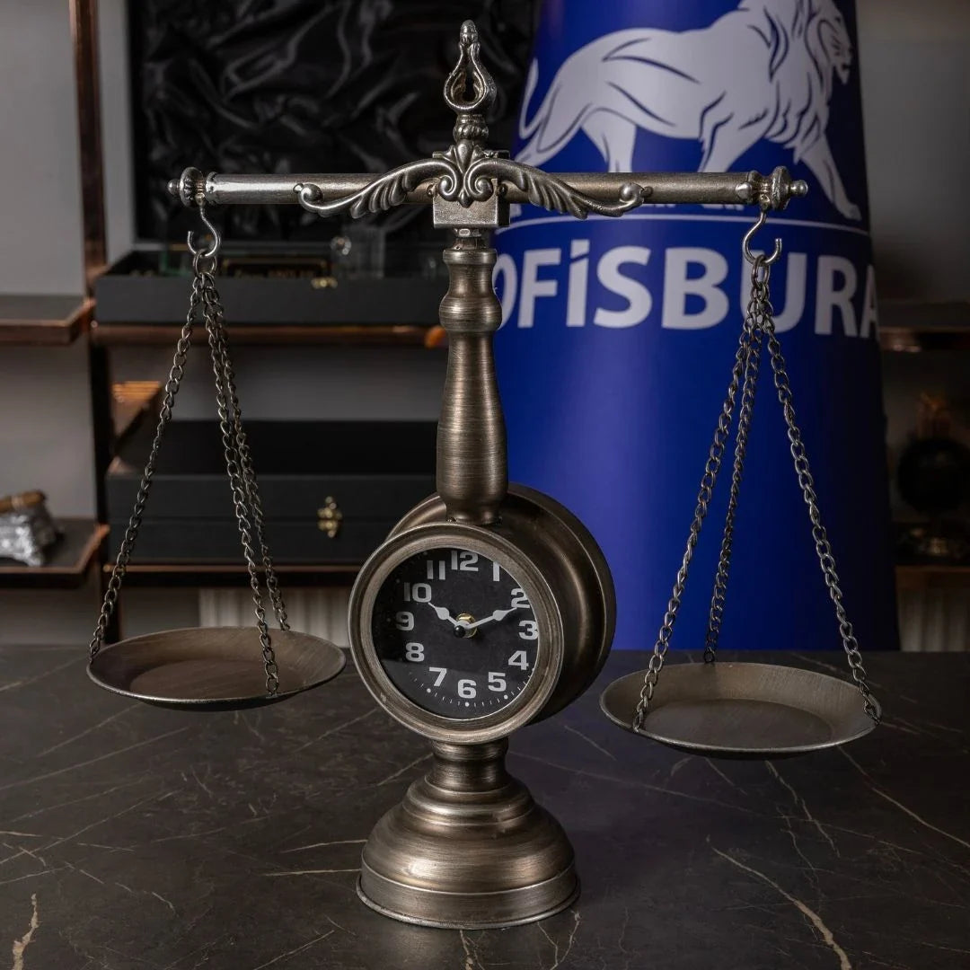 Antique Silver Metal Scales of Justice Clock | 50×50 cm