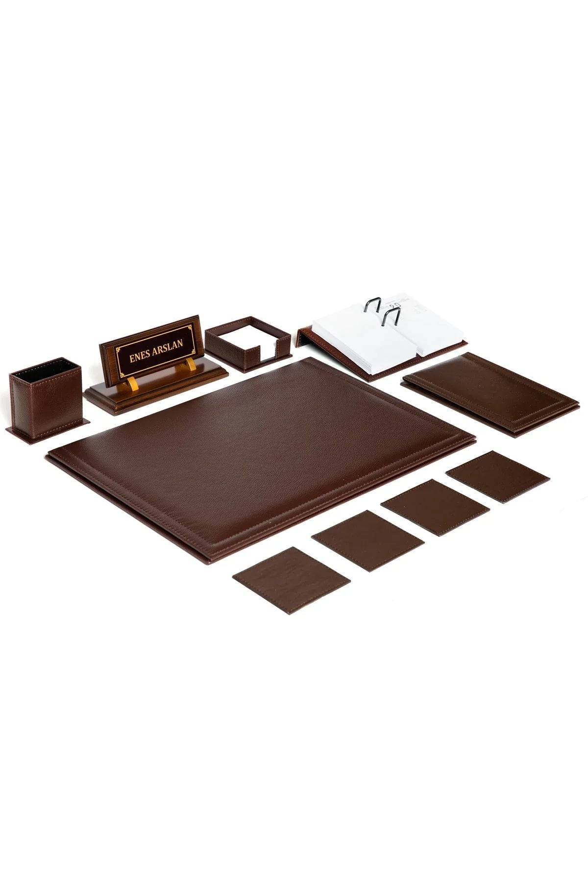 Leather Desk Set with Wooden Nameplate, 10 Pieces