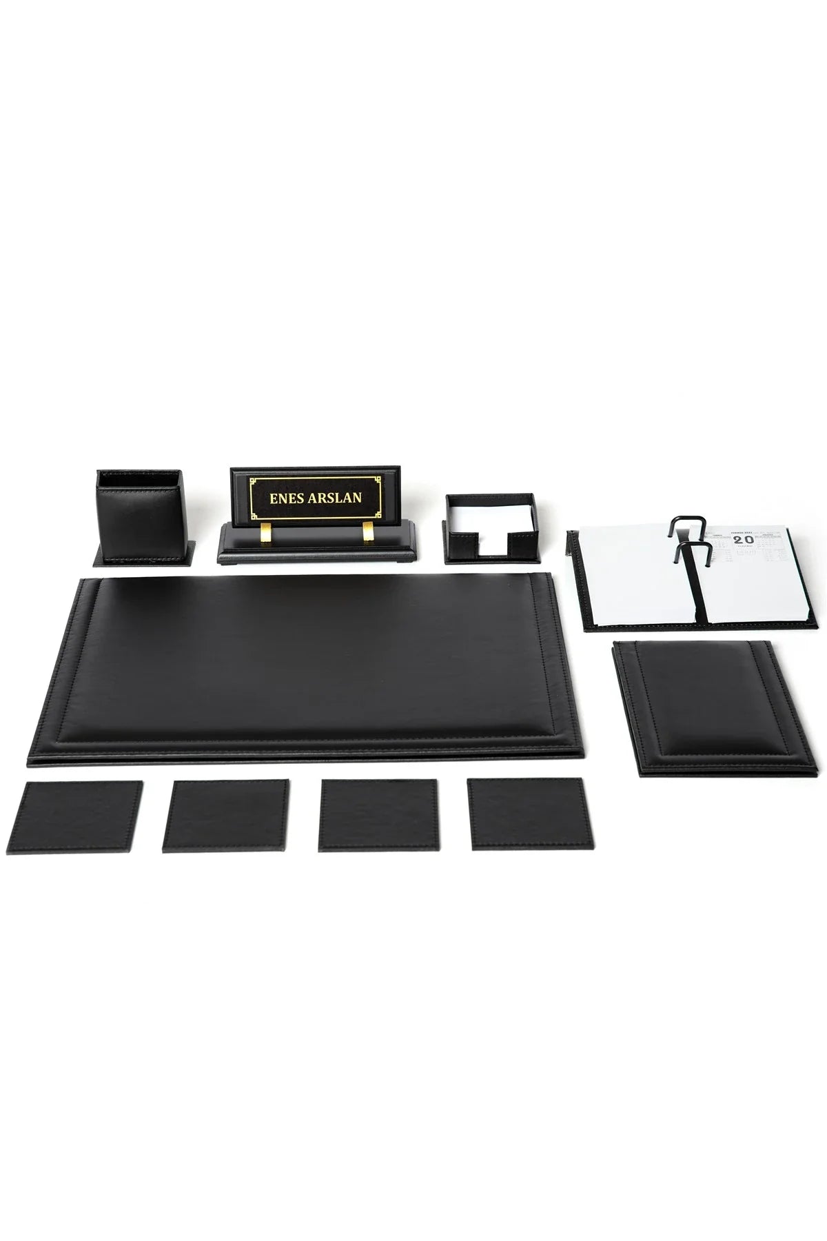 Leather Desk Set with Wooden Nameplate, 10 Pieces