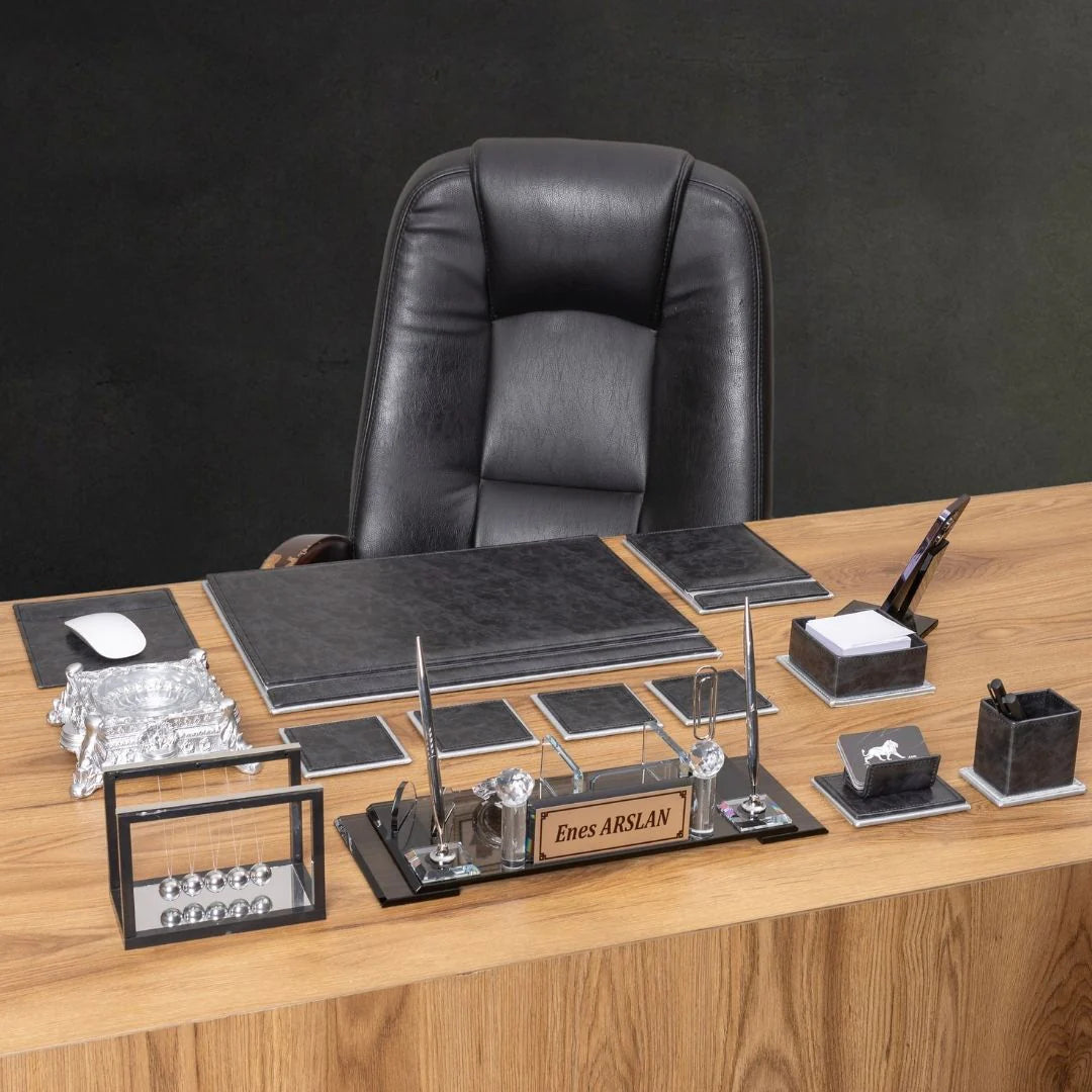Aura Silver Leather 14-Piece Premium Desk Set