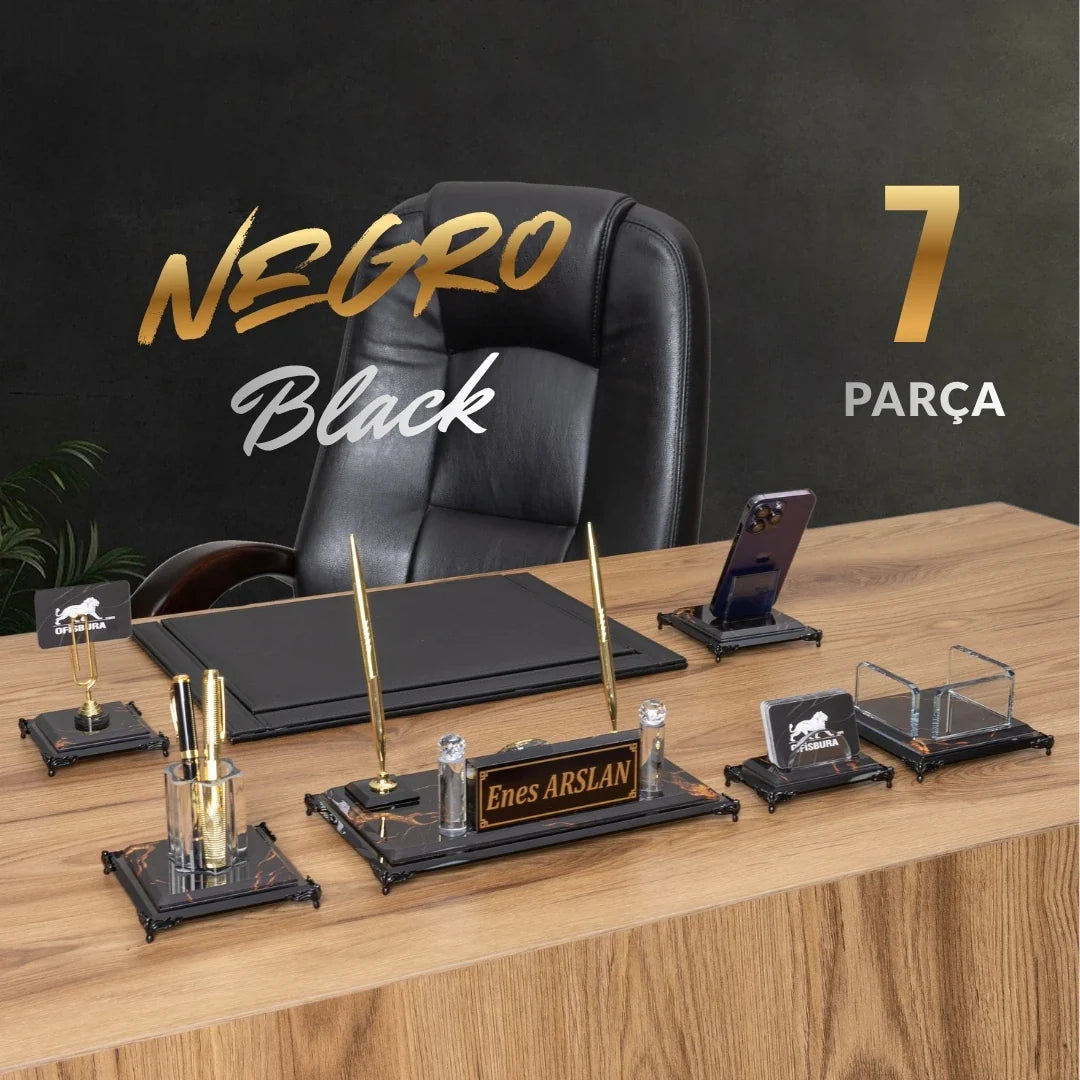 Negro | 7-Piece Crystal Desk Set & Nameplate Set