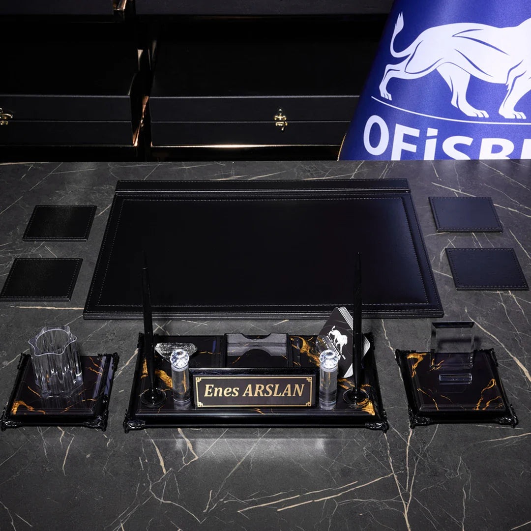 Negro | 8-Piece Crystal Desk Set & Nameplate Set