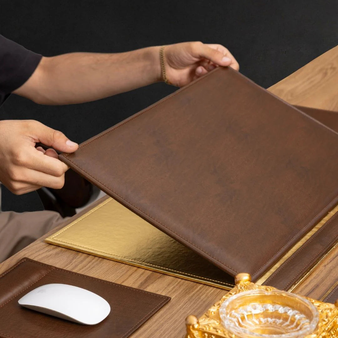 Brown & Gold Leather 14-Piece Premium Desk Set