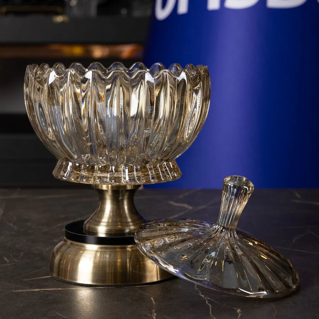 Crystal Glass Candy Dish with Lid, Gold Detail - 25 cm