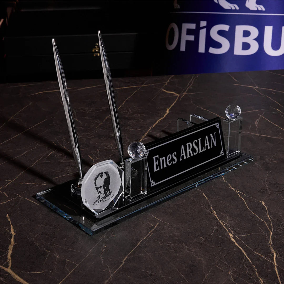 Crystal Desk Nameplate with Atatürk | Personalized Office Nameplate
