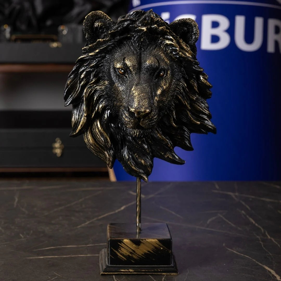 Lion Head Figurine | 30 cm Black Polyester