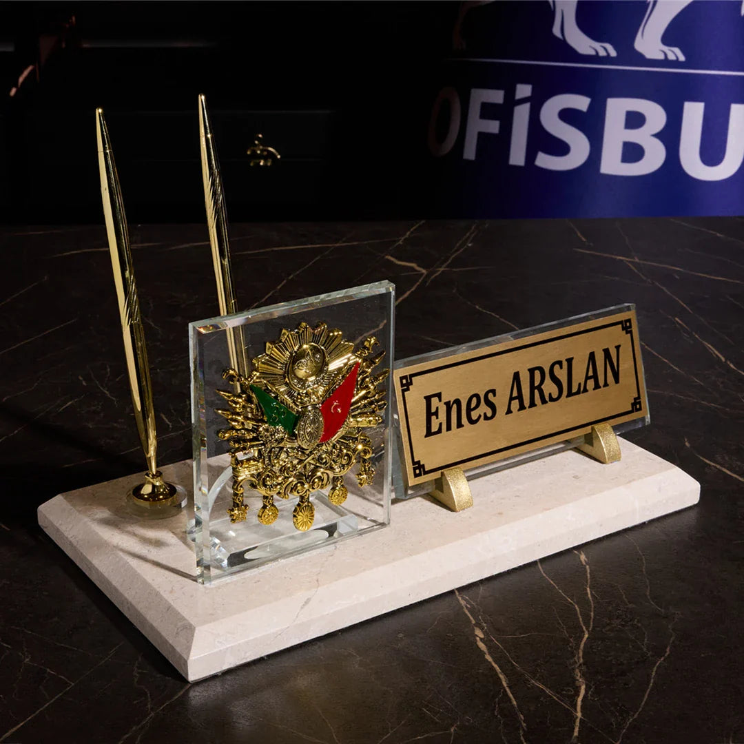 Ottoman Crest Marble Desktop Nameplate Set, Matching Desk Sets - Personalized, with Clock & Dual Pen Holder, Cream