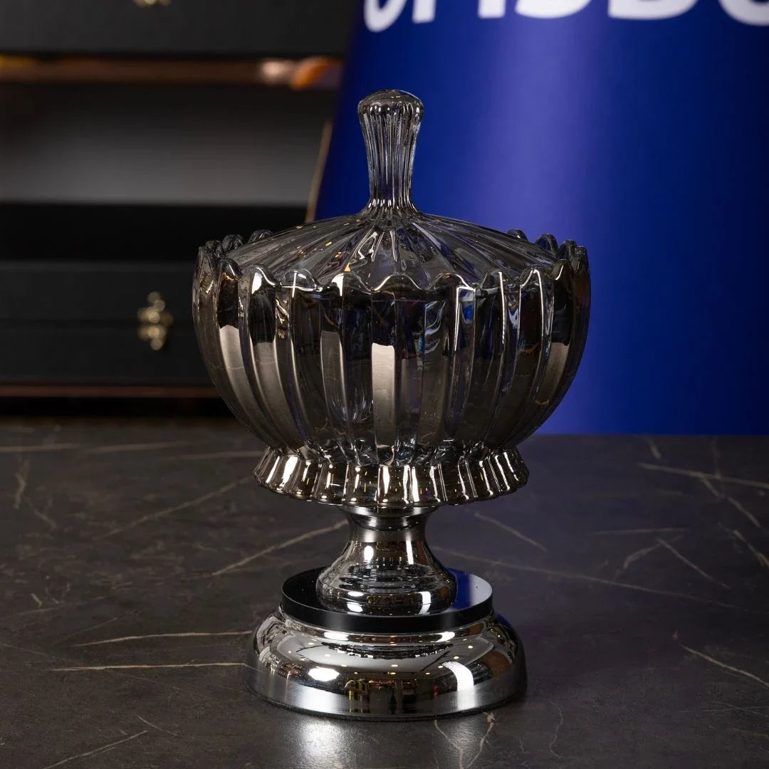 Crystal Glass Candy Dish with Lid, Silver Detail - 25 cm