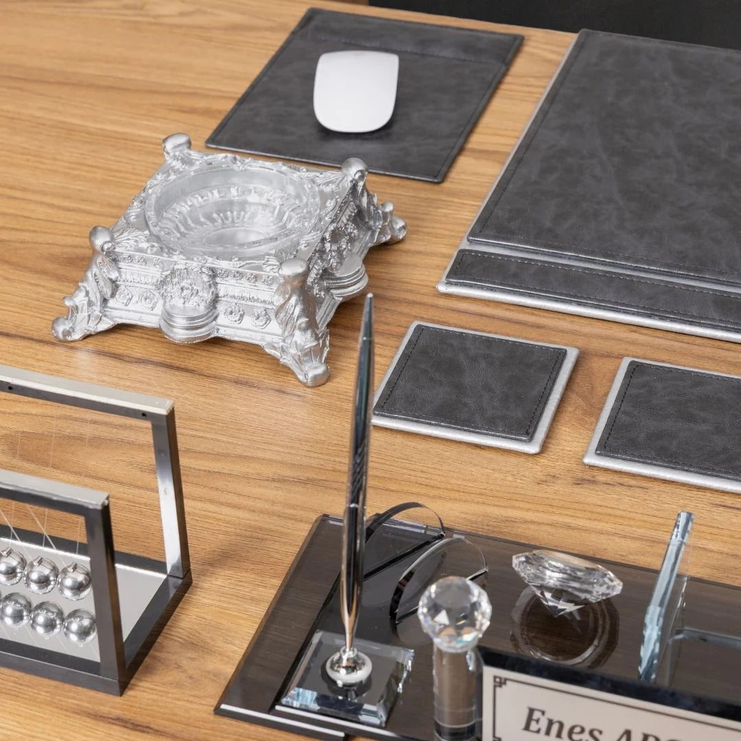 Aura Silver Leather 14-Piece Premium Desk Set