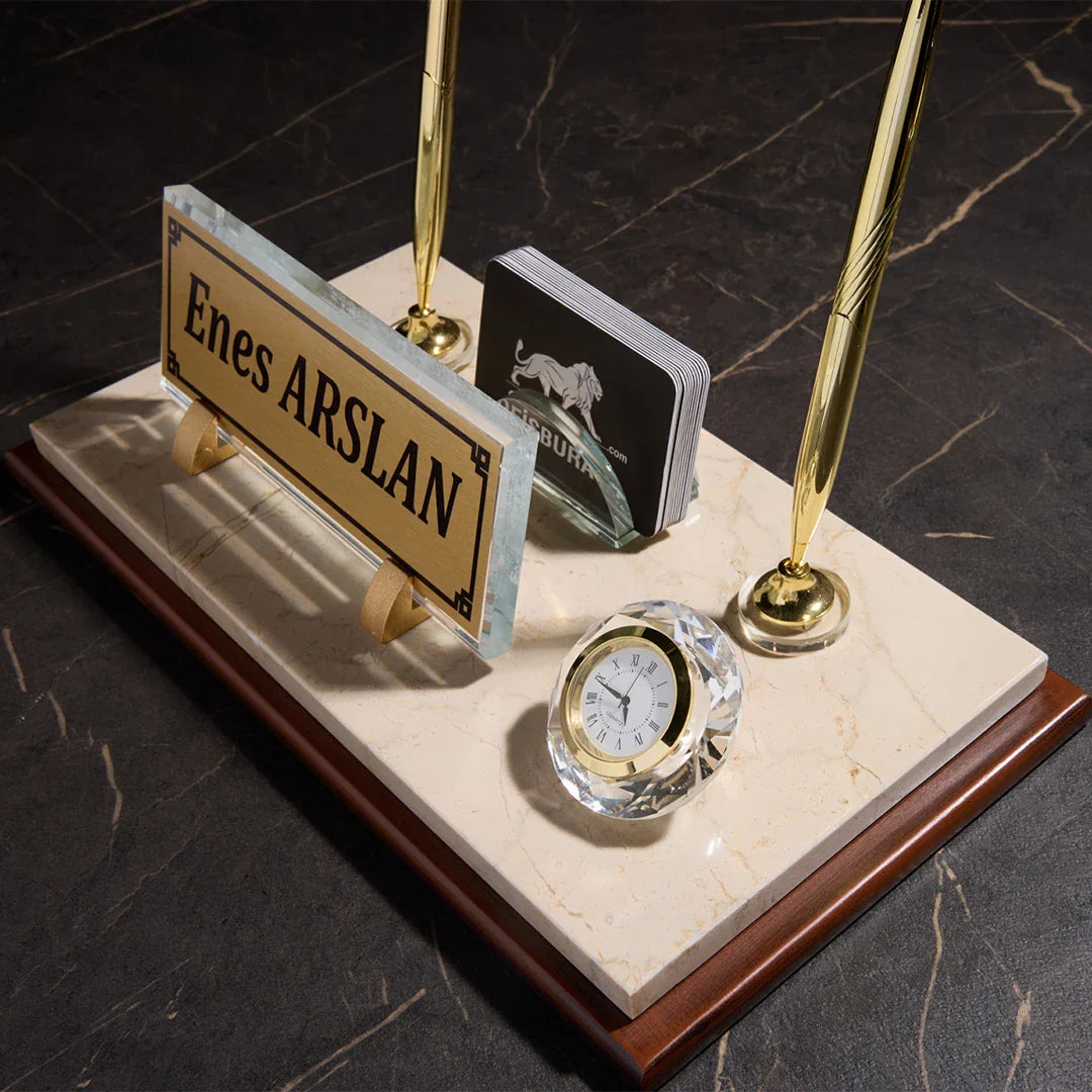 Signature Wood & Marble Desktop Nameplate Set with Clock & Dual Pen Holder - Personalized Cream Desk Nameplate