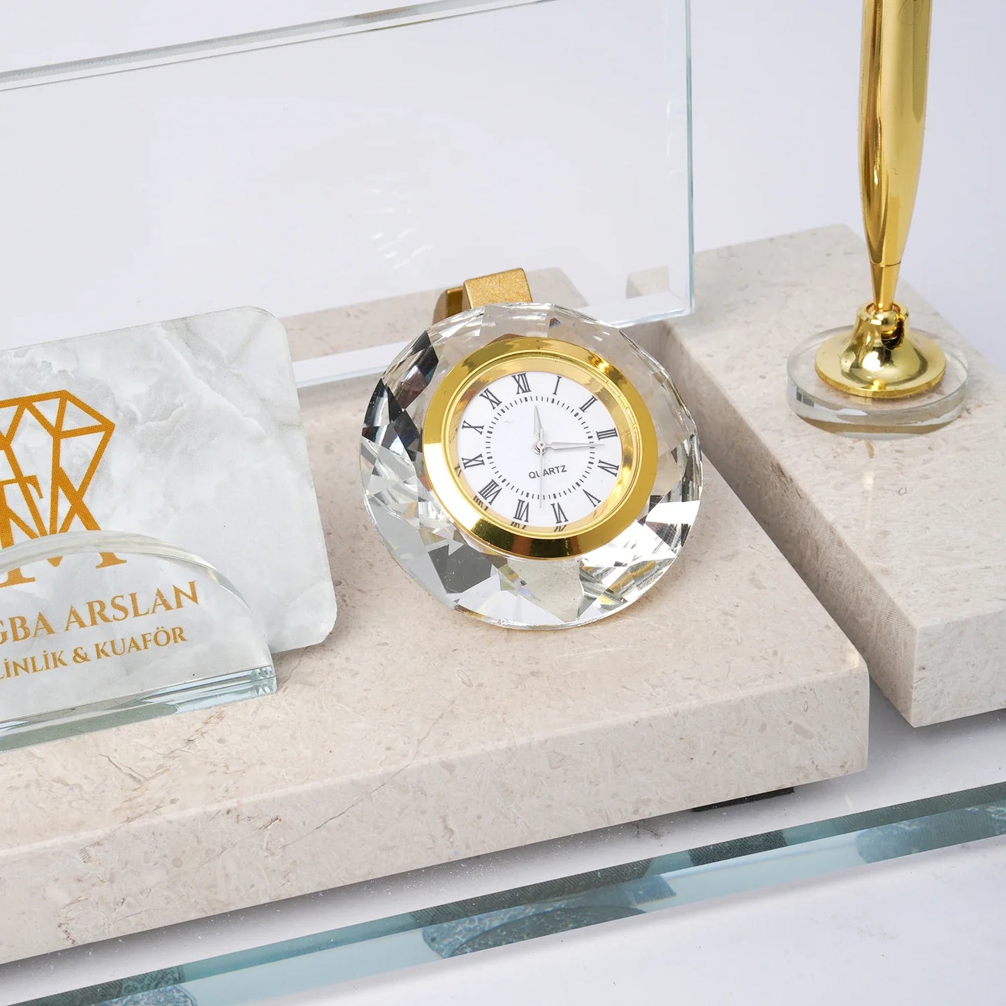 Ephesus Cream Gold-Detail Natural Marble | Luxury Desk Nameplate Set - 30 × 16 Cm