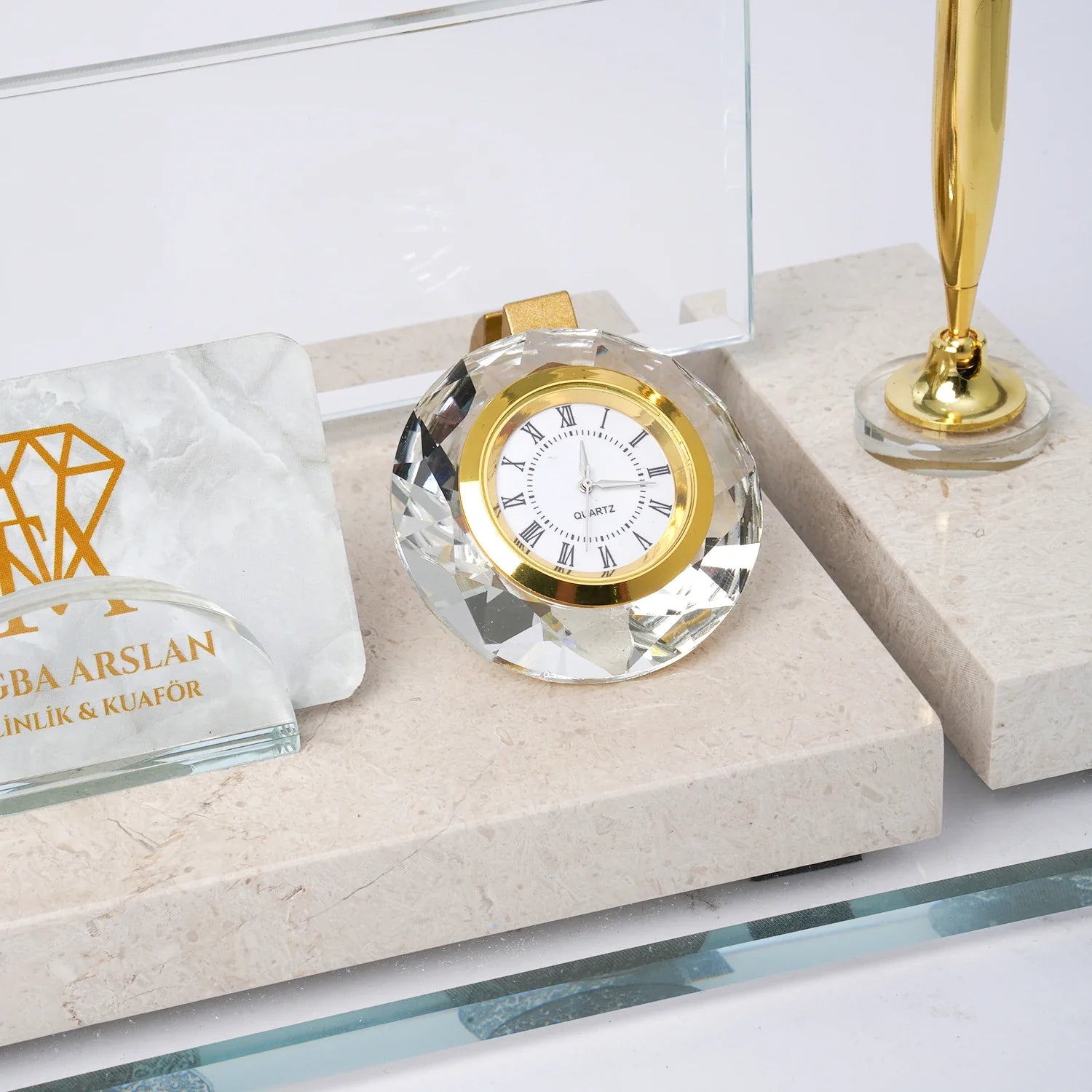 Ephesus Cream Gold-Detail Natural Marble | Luxury Desk Nameplate Set - 30 × 16 Cm