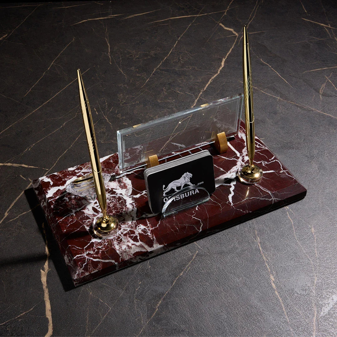 Burgundy Marble Desktop Nameplate Set with Clock & Dual Pen Holder - Personalized Desk Nameplate