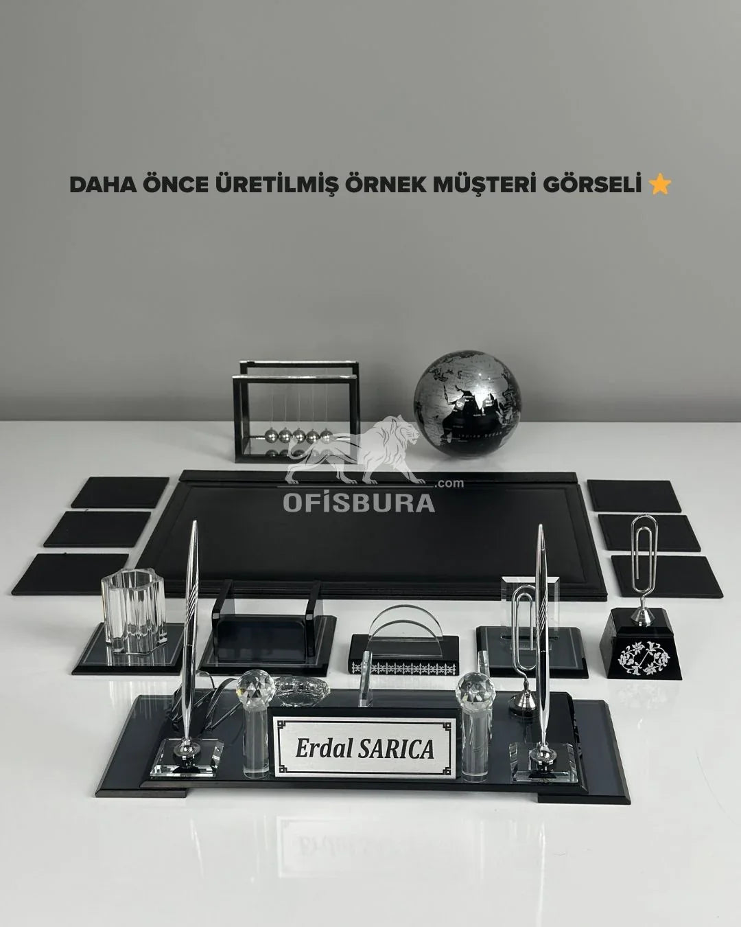 15-Piece Crystal Desk Set & Nameplate Set - Large Nameplate, Silver Accents