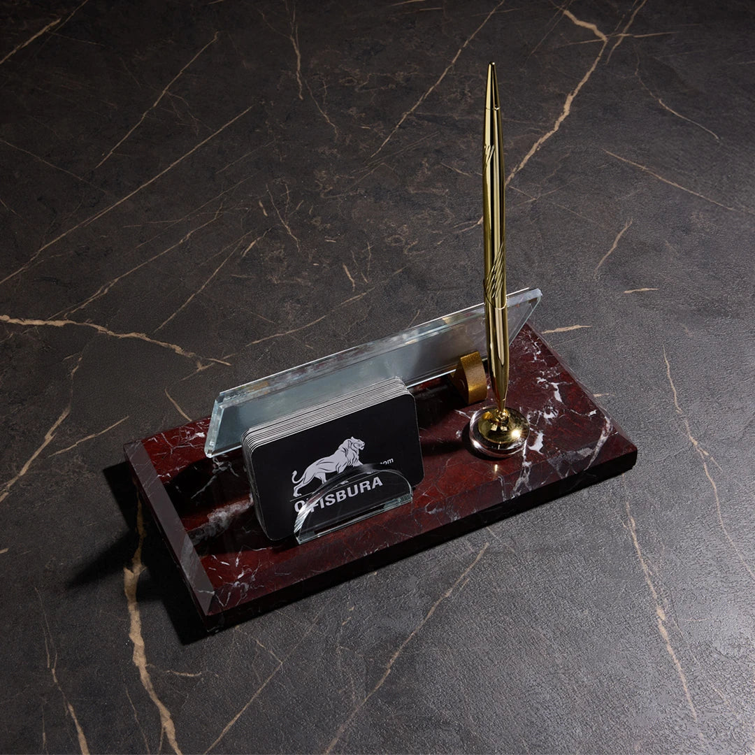 Burgundy Marble Desk Nameplate | Personalized Office Nameplate with Gold Pen Holder