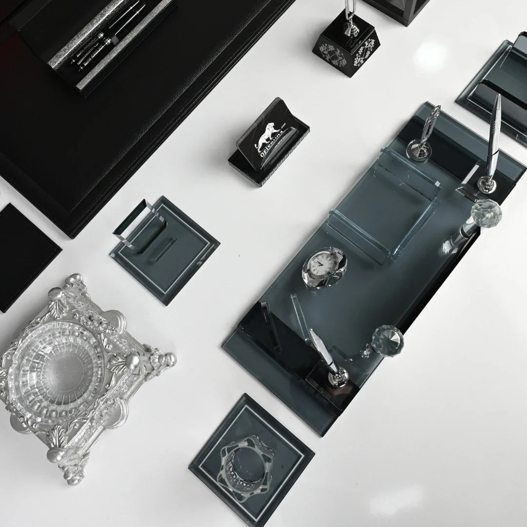 24-Piece Crystal Desk Set & Nameplate Set - Silver Accents