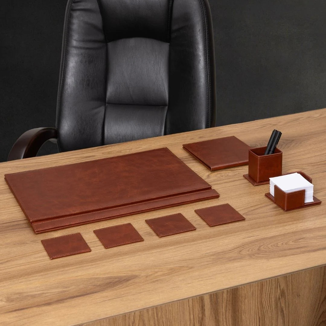 Classic Tan Leather 8-Piece Desk Set