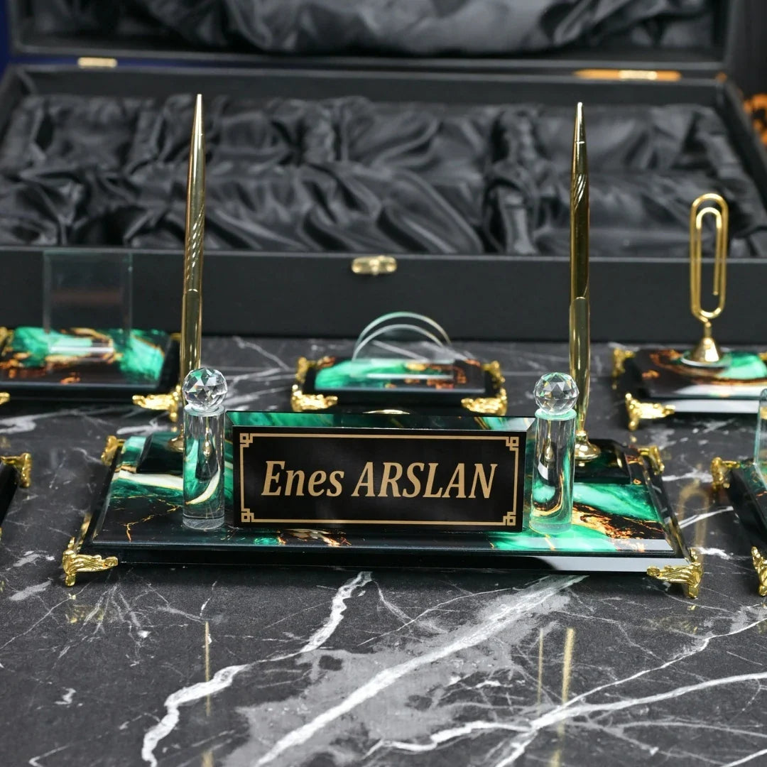 Emerald | Gift-Boxed 6-Piece Crystal Desk Set & Nameplate Set