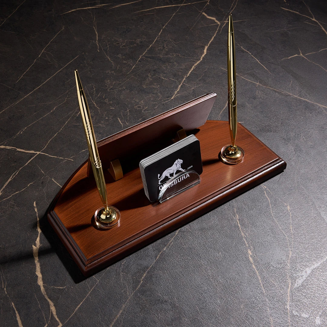 Wooden Desk Nameplate Desktop Set - Gold Detail
