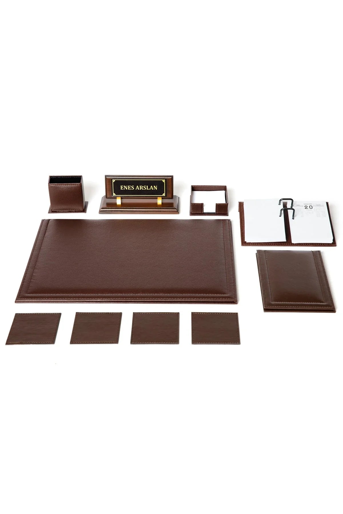 Leather Desk Set with Wooden Nameplate, 10 Pieces