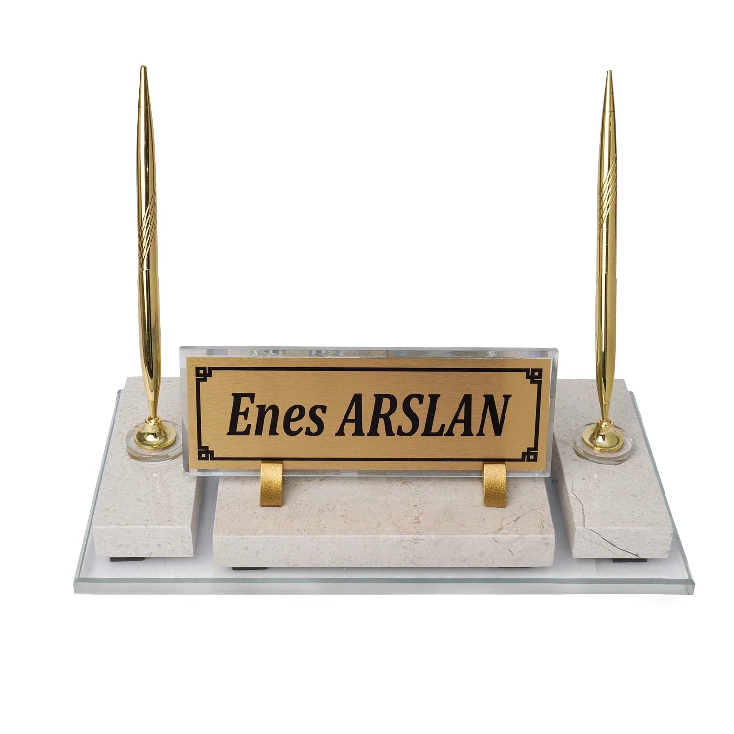 Ephesus Cream Gold-Detail Natural Marble | Luxury Desk Nameplate Set - 30 × 16 Cm