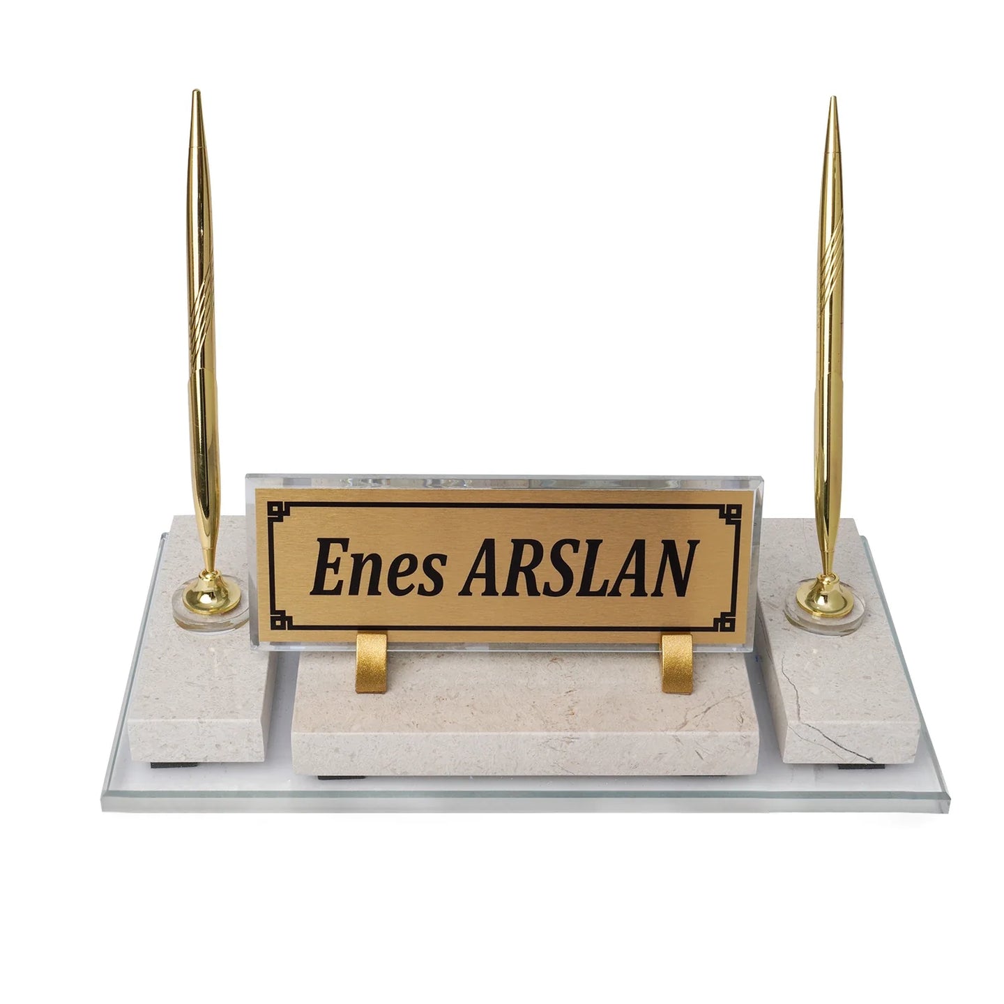 Ephesus Cream Gold-Detail Natural Marble | Luxury Desk Nameplate Set - 30 × 16 Cm