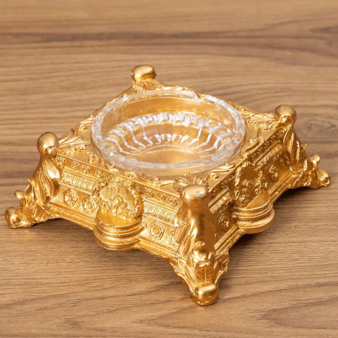 Gold-Detail Glass Ashtray | Luxury Polyester Base